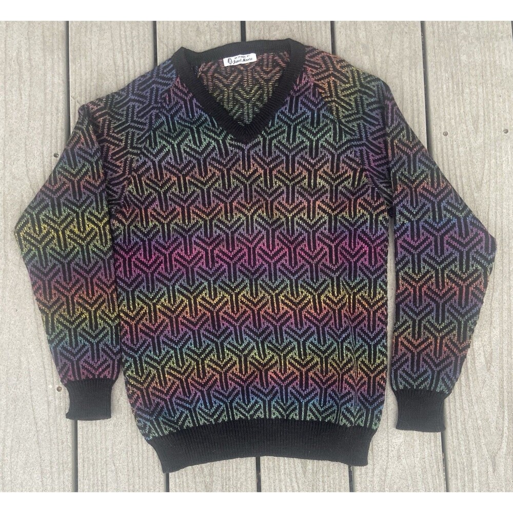 Vintage Rainbow Geometric Knit Sweater V-Neck Black Unisex S LGBT